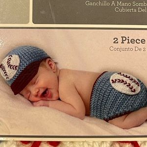 Hand Crocheted baseball hat, diaper cover and booties 0-9 months